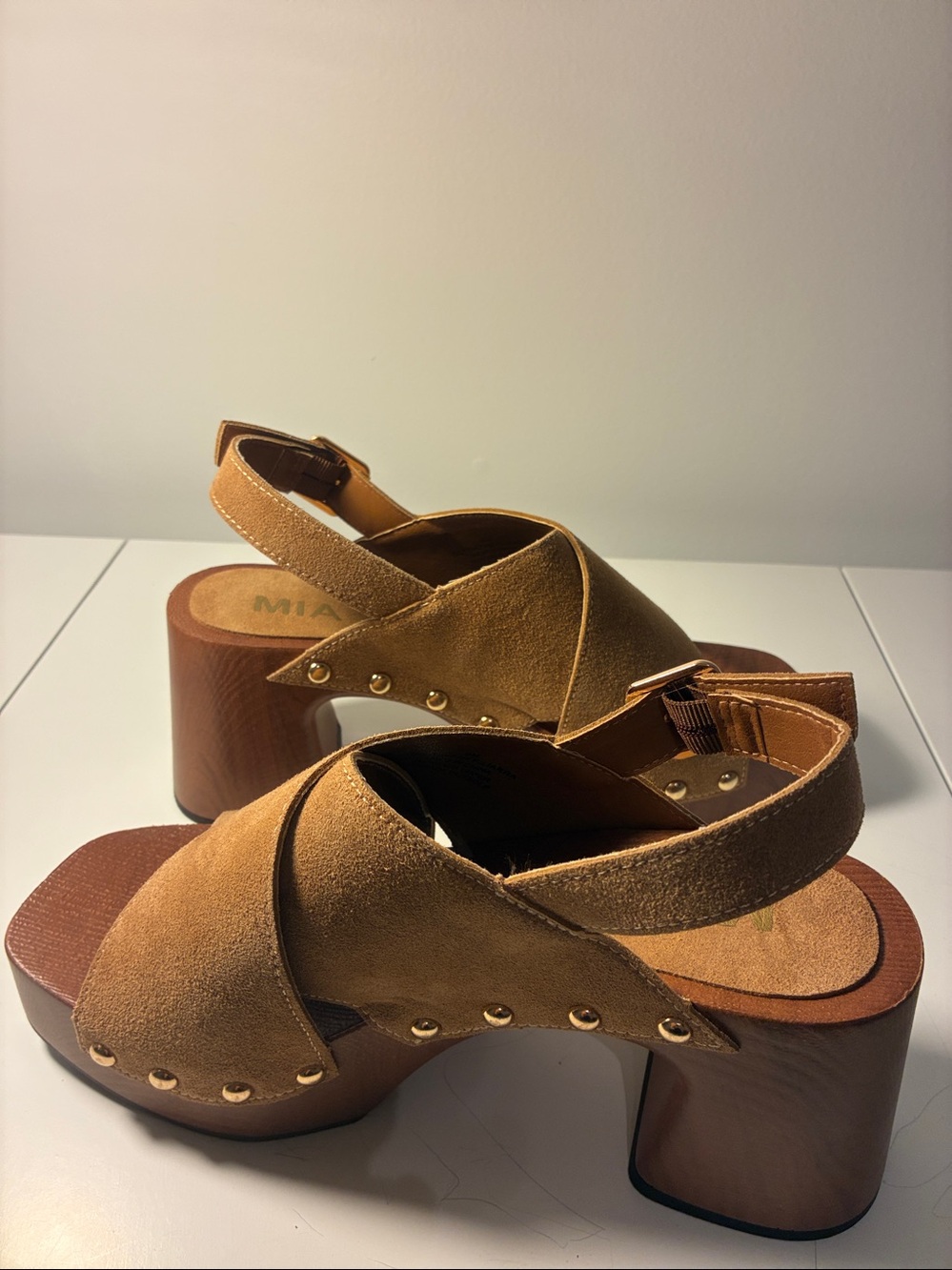 MIA Tan Suede Crisscross Open-Toe Slingback Mules